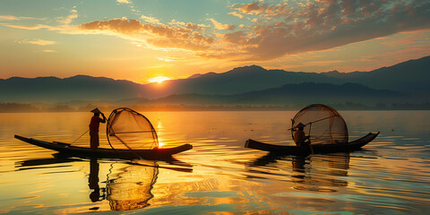 Burmese fishermen fishing on inlay lake