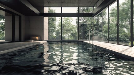 minimalist indoor pool area with clear lines, a recessed pool deck, and large windows that frame the serene water within a subdued space