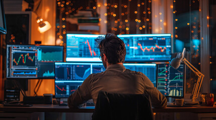 Obraz premium Trader Analyzing Stock Market Data on Multiple Monitors in Office
