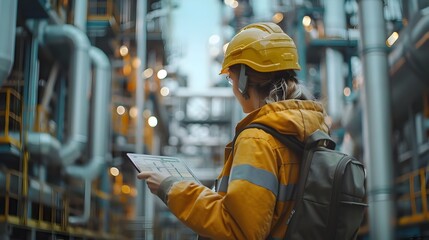 Worker Using Tablet to Monitor Industrial Processes in Factory Industry Concept