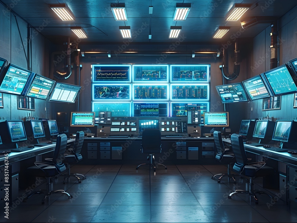 Poster industrial control room with multiple screens and operators monitoring complex systems and data visu