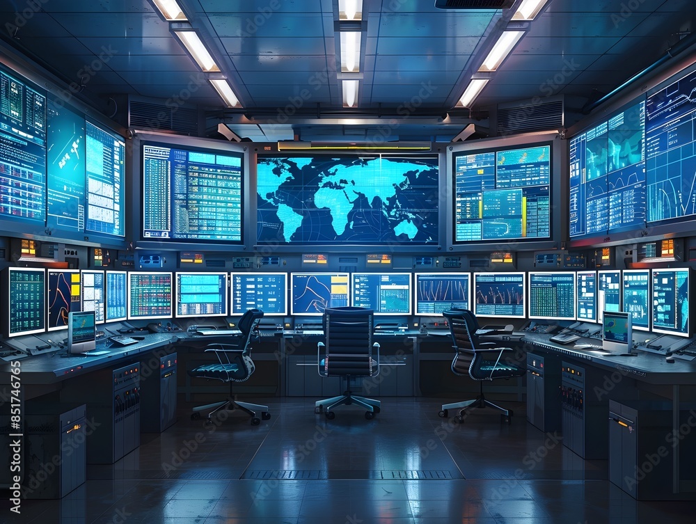 Poster industrial command center with multiple screens and operators for advanced data analytics and busine