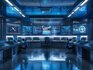 Futuristic Industrial Control Room with Cutting Edge Technology and Operator Workspace