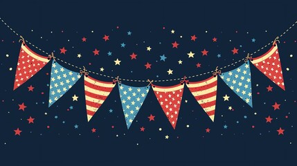 Fototapeta premium Red, white, and blue bunting flags with stars on a dark background.