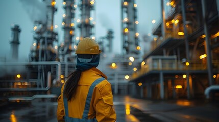 Worker Monitoring Petrochemical Plant Process in Industrial Cityscape at Night