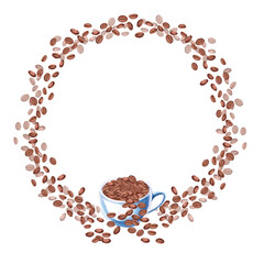 Coffee beans in a ceramic mug are framed in a round frame in a watercolor illustration on a white background. Hand drawn coffee illustration for cafe, menu, cookbooks, coffee brand logo