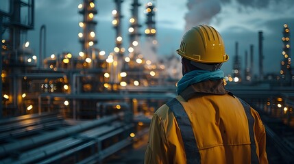 Worker Monitoring Petrochemical Plant Refining Process at Night with Industrial Lights and Urban Cityscape