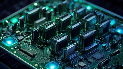 Fototapeta premium a computer motherboard with multiple AI chips, illuminated by cool blue and green lights, capturing the complexity and sophistication of modern technology
