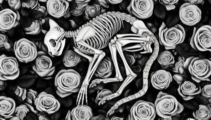 A highly detailed, close-up image of a skeletal cat surrounded by blooming roses, with its skeletal structure fully visible.
