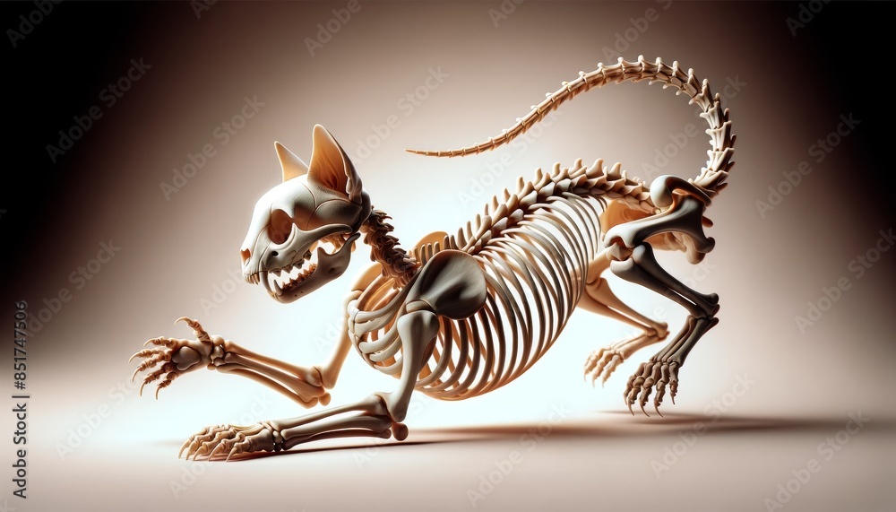Wall mural a highly detailed, close-up image of a skeletal cat in a playful pouncing position, with its skeleta