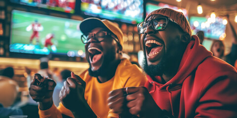 Excited men cheering while watching watching sports game on TV in bar