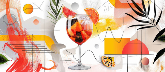 Fresh cocktail banner with grapefruit and ice, minimalist abstract background. Summer cocktail event or a bars new drink menu. Mocktail advertising 