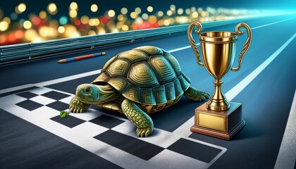A detailed image of a turtle crossing a finish line on an asphalt road, with a small gold trophy beside it.