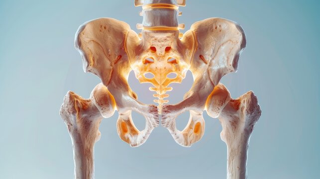 Close-up of a human pelvis and hip bones, isolated on a blue background.