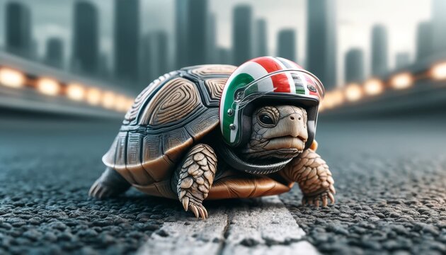 A detailed image of a turtle with a mini racing helmet on its head, positioned on an asphalt road with a blurred city background.