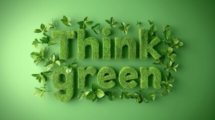 Think Green Concept with Leafy Letters and Eco Friendly Design on Green Background.