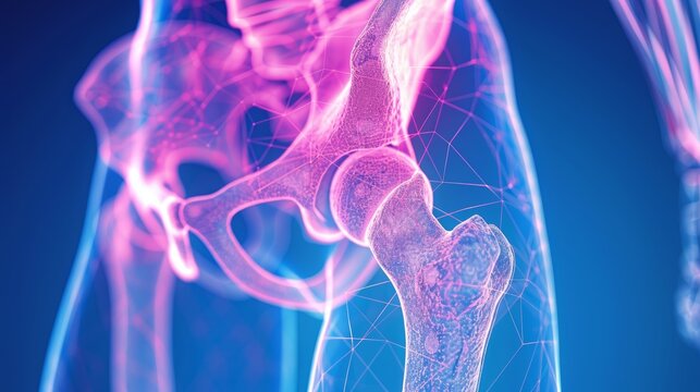 A detailed anatomical illustration of the human hip joint, showcasing the bone structure and surrounding ligaments.