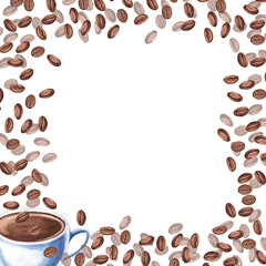 Coffee beans in a ceramic mug are framed in a square frame in a watercolor illustration on a white background. Hand drawn coffee illustration for cafe, menu, cookbooks, coffee brand logo