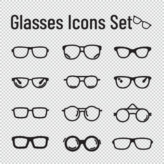 Flat simple glasses icons set, black vector illustrations on transparent background