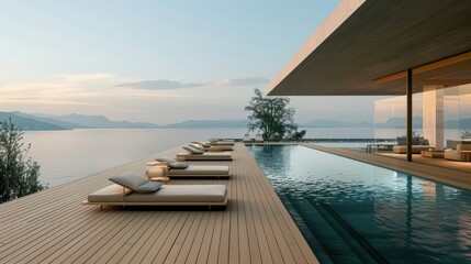Fototapeta premium minimalist poolside lounge with sleek chaise lounges, a uniform decking material, and a focus on open, clean lines that complement the water