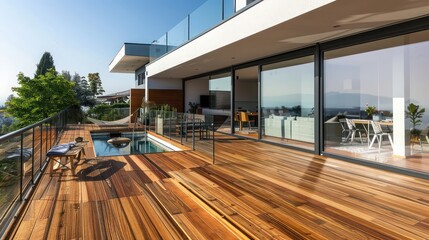 minimalist patio with smooth wooden decking, frameless glass railings, and sparse yet stylish furniture for outdoor entertaining