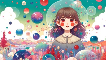 A girl with red cheeks surrounded by colorful floating orbs in a dreamy landscape, detailed, with good focus and setup.