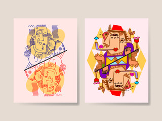 Set of abstract face portraits geometric, shapes, doodle , decorative hand drawn vector illustration wall art. Cubism male and female portrait aesthetic design for poster, cover, print and decoration.
