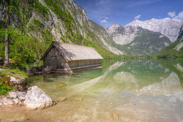 Bootshaus am Obersee lake in Berchtesgaden National Park, Alps Germany