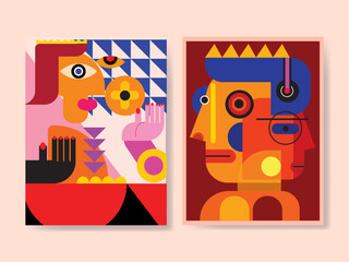 Set of abstract face portraits geometric, shapes, doodle , decorative hand drawn vector illustration wall art. Cubism male and female portrait aesthetic design for poster, cover, print and decoration.