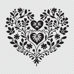 Romantic flower heart design, black vector illustration on transparent background