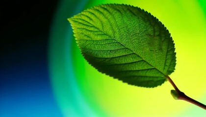 A single vibrant leaf with intricate vein patterns illuminated against a softly blurred background.