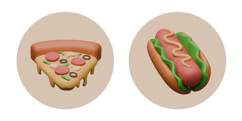 Fast food round icons set. Triangular piece of pizza with melted cheese, hot dog with mustard