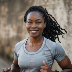 front view, A black woman smiling, running , wearing workout clothes