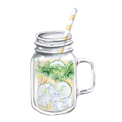 Glass mug with lemons and cucumbers and a straw. Hand drawn lemonade isolated illustration for design, card decoration, packaging and textiles, sticker making, embroidery