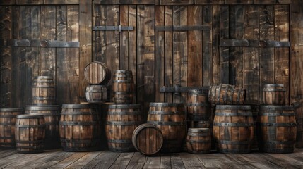 Stacked beer casks forming a rustic backdrop for brewery advertisements