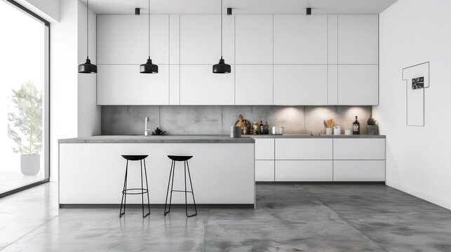 minimalist Scandinavian kitchen with streamlined white cabinets, a concrete floor, and bold black accents for a modern twist