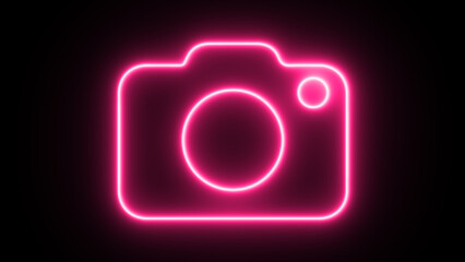 Neon and glowing photo camera icon. Glowing sign logo.Luminous signboard camera.