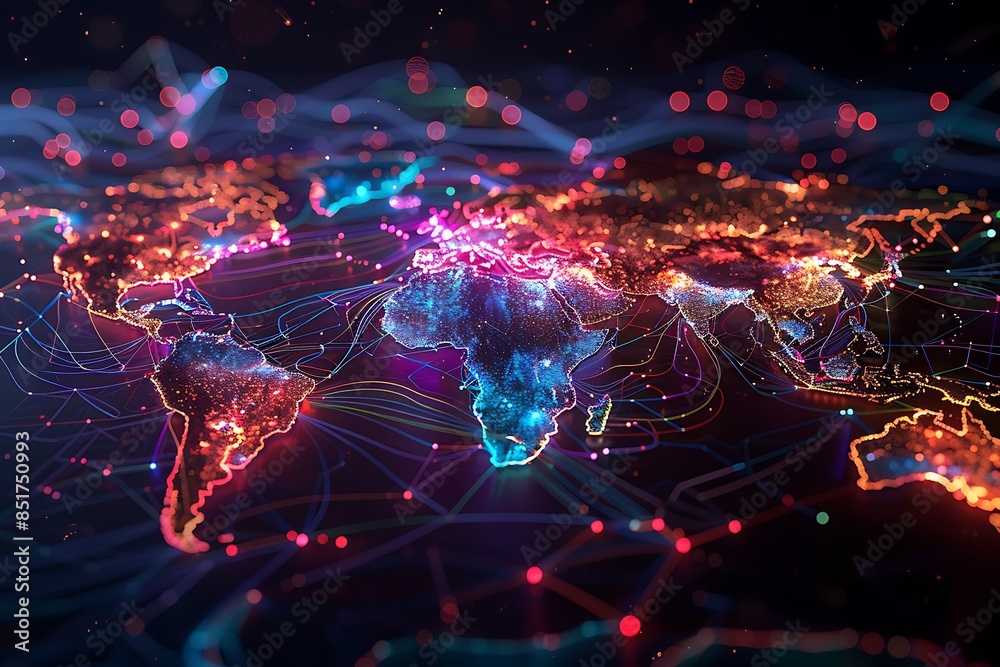 Poster photo realistic futuristic world map with multi-colored glowing connections, showcasing global netwo