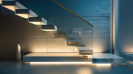 minimalist staircase with floating steps, glass railings, and hidden lighting that emphasizes the architectural lines without clutter