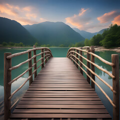 Closeup of wooden bridge in the mountains environment highlands with natural beauty background