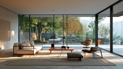 Fototapeta premium minimalist sunroom with floor-to-ceiling windows, low-profile furniture, and a restrained color palette that enhances the outdoor connection