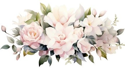 Obraz premium Watercolor floral bouquet with roses, magnolia and greenery