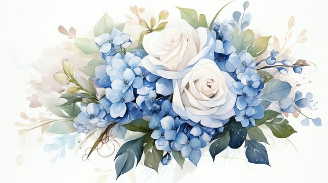 Delicate white roses and blue hydrangea flowers in a watercolor style.