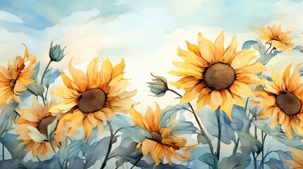 Obraz premium Watercolor painting of a field of sunflowers with a blue sky background.