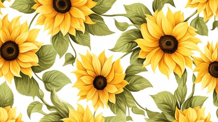 Watercolor seamless pattern with yellow sunflowers and green leaves on white background.