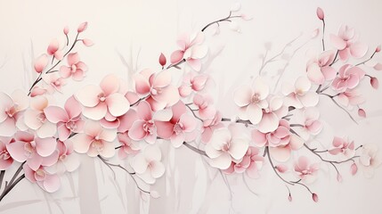 Fototapeta premium Delicate pink orchid blossoms on white branches against a light background.