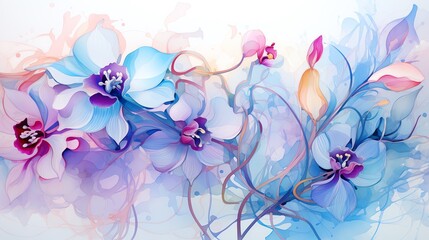 Fototapeta premium Watercolor painting of blue and purple orchids with delicate stems and leaves.