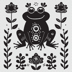 Frog and nature elements icons set, black vector illustration on transparent background