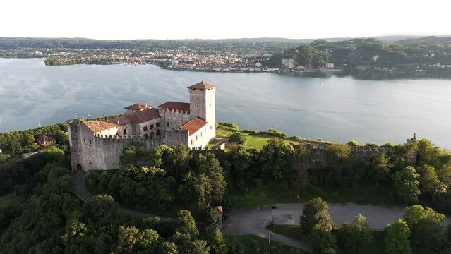 Aerial parallax view of Italian castle of Rocca Borromea in Angera, Varese Province, Lombardy, Italy