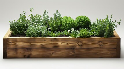 Wooden planter box filled with various herbs and greenery.